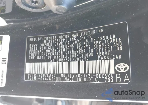 2015 Toyota Corolla S Premium z USA, uszkodzony, nr VIN 5YFBURHE7FP303292